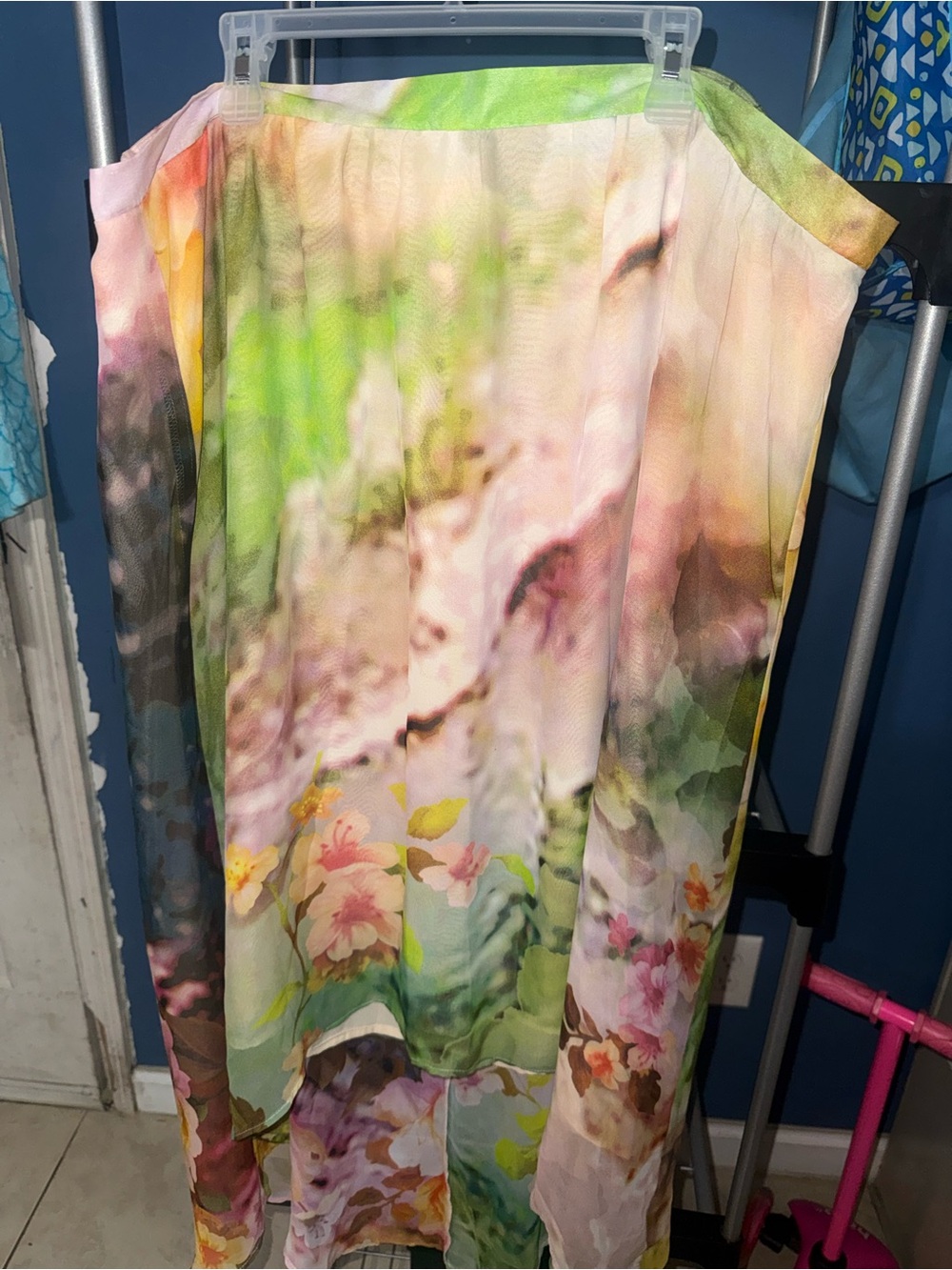 Chenault Green & Pink Watercolor Print Skirt